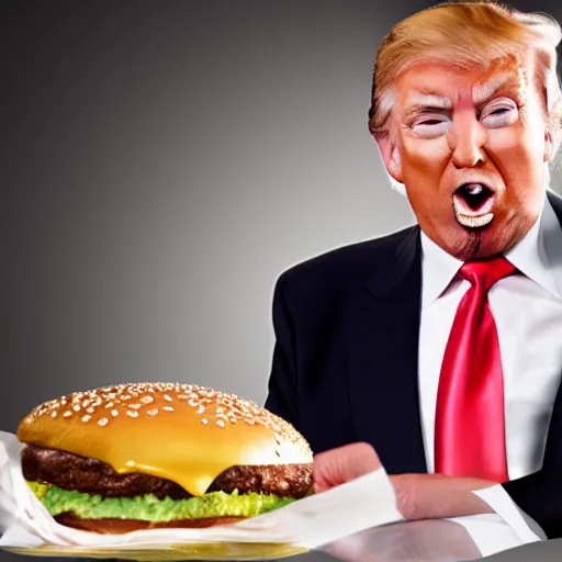 Prompt: photo still of donald trump! licking! a burger with his! tongue! out, mmmmm, moist, studio portrait photo, studio lighting, rim light, key light, food photography, 3 5 mm f 1. 8