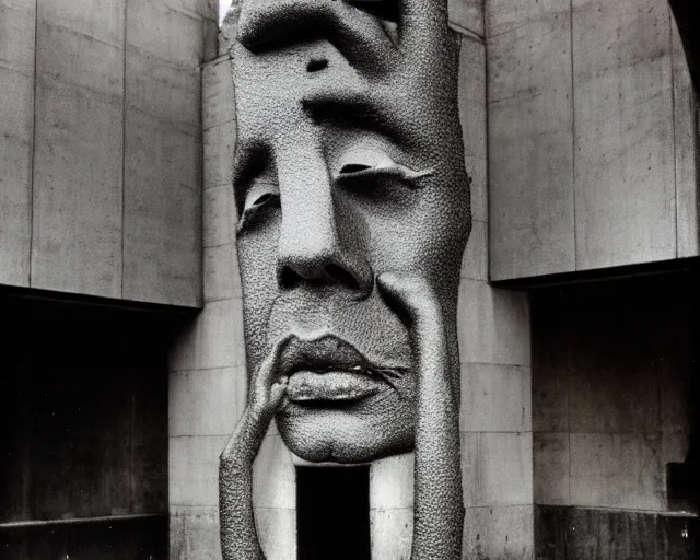 Image similar to by bruce davidson, andrew boog, mystical photography evocative. an intricate fractal concrete and chrome brutalist carved sculpture of the secret faces of god, standing in a city center.