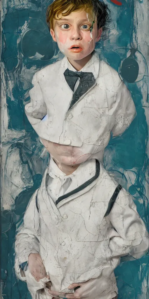Image similar to portrait of a child in tuxedo painted by vincent lefevre and hernan bas and pablo amaringo and pat steir and hilma af klint, background in high definition 3 d, psychological, photorealistic, dripping paint, washy brush, rendered in octane, altermodern, masterpiece