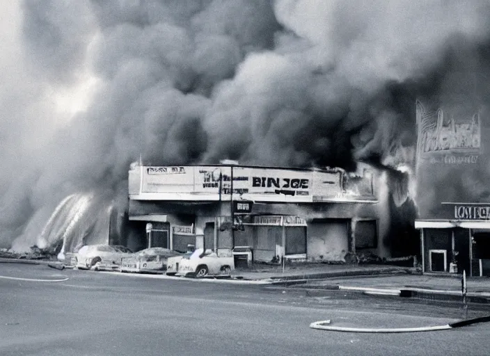 Image similar to an overexposed kodak 500 photograph of a bingo hall on fire, muted greenish blue colors