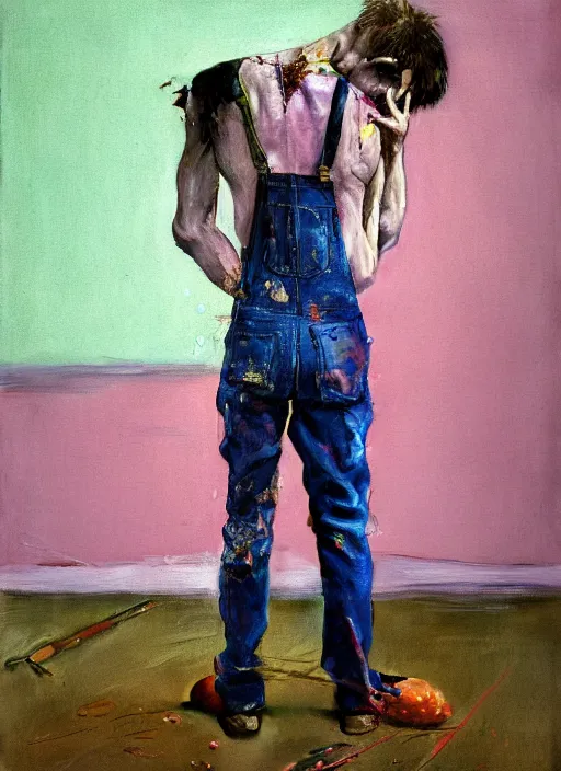 Image similar to an insane, skinny, artist wearing torn overalls, expressive emotions, painting inside a grand messy studio, depth of field, hauntingly surreal, highly detailed oil painting, by francis bacon, edward hopper, adrian ghenie, glenn brown, soft light 4 k in pink, green and blue colour palette, cinematic composition, cinematic lighting, high quality octane render, masterpiece