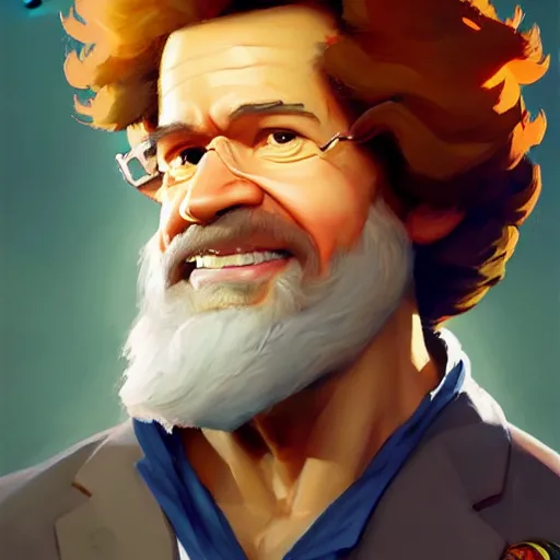 Prompt: Greg Manchess portrait painting of Bob Ross as Overwatch character, wacky, medium shot, asymmetrical, profile picture, Organic Painting, sunny day, Matte Painting, bold shapes, hard edges, street art, trending on artstation, by Huang Guangjian and Gil Elvgren and Sachin Teng