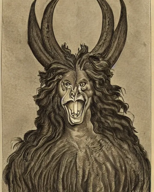 Image similar to a creature with the body and eyes of a man, with the beak of an eagle, the mane of a lion, and the horns of an ox. drawn by francis bacon