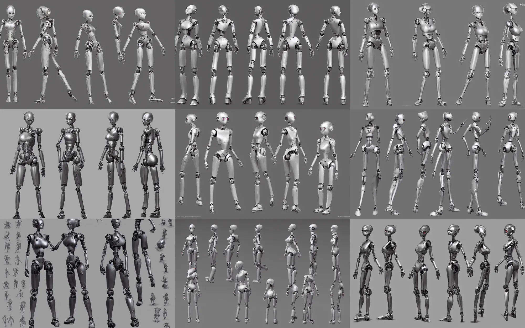 Prompt: cute female robot, character sheet, turnaround, whole body, whole figure, toy, character design, reference model sheet, by hieronymus bosch and wlop and artgerm, concept art by pixar and disney, unreal engine 5, metahumans