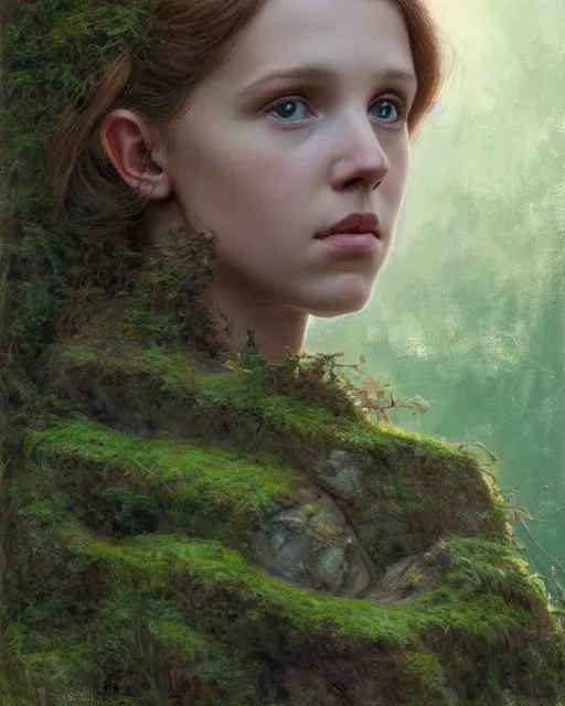 Image similar to a well - lit, realistic close - up portrait painting of a thoughtful girl resembling a young, shy, redheaded irish alicia vikander or millie bobby brown in moss - covered ancient stone ruins at sunset, highly detailed, intricate, concept art, artstation, by donato giancola, ron cobb, and artgerm