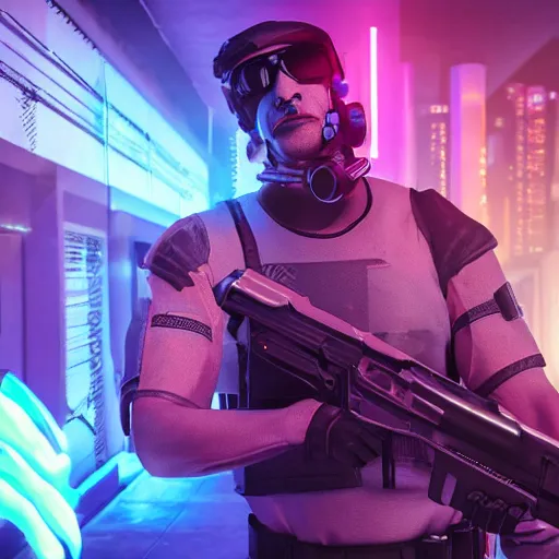 Image similar to A synthetic mercenary with human appearance and a gun drinking at a bar, night, cyberpunk city, purple neon, bladerunner, hyperrealistic, 8k render, cinematic lightning, ultra hd