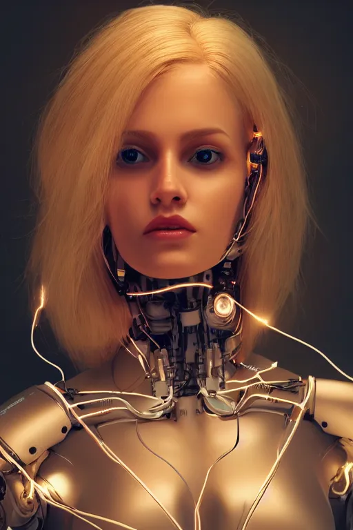 Image similar to a beautiful woman with blonde hair wearing robot suit with wires and light, highly detailed, photorealistic, artstation, smooth