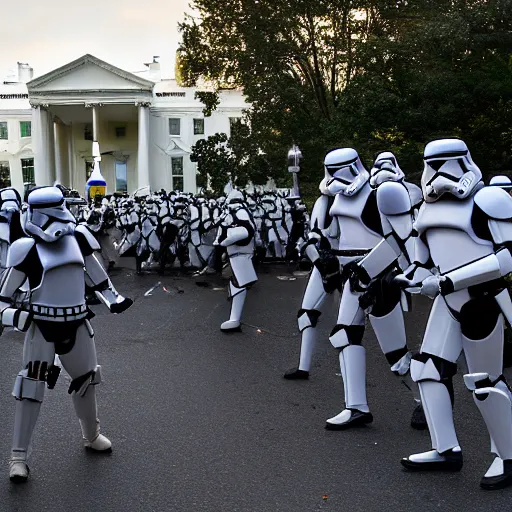 Prompt: a still candid image of hundreds of stormtropers rioting in front of a the white house in washington.!!!, dusk, fire, smoke, kayos, flames