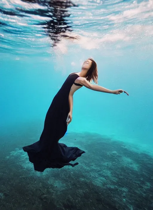 Prompt: empty long dress, floats underwater in the sea,