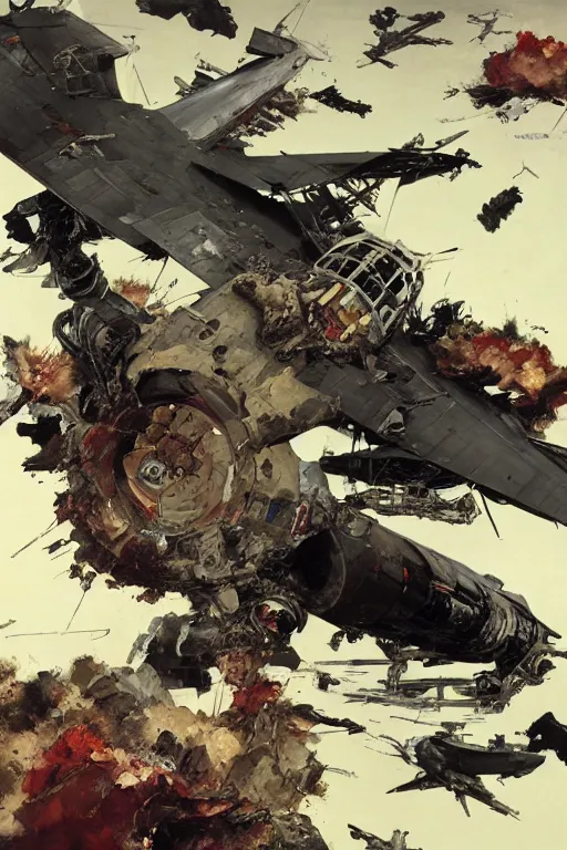 Prompt: full page illustration, tetsuo rips apart a russian jet fighter, Katsuhiro Otomo, Phil hale, Ashley wood, Ilya repin, frank frazetta, 8k, hd, high resolution print