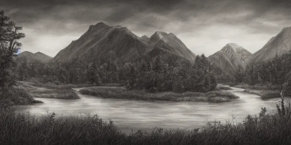 Image similar to A majestic landscape featuring a river, mountains and a forest. In the middle there is a deer with very big horns and he is staring at the sunset. Cinematic, very beautiful, pencil drawing