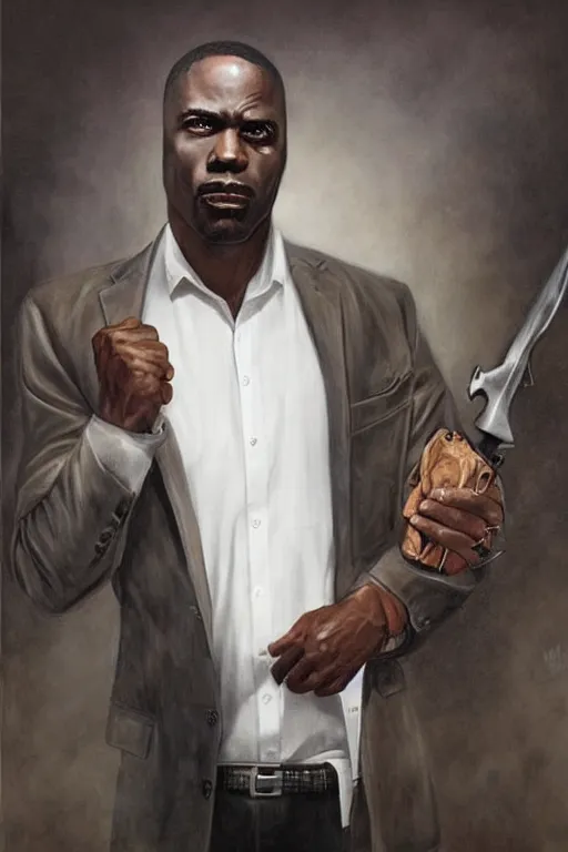 Prompt: a black man wearing a white shirt tucked into slacks. he is wielding a knife with a confident and smug look on his face. in the style of of true detective. art by tomasz alen kopera and glenn fabry.