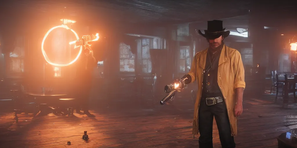 Image similar to a futuristic cowboy holding a glowing revolver to his enemies in a wild western bar, red dead redemption 2, trending on artstation, digital art, award winning, cinematic lightning, ray tracing, 8k, Highly Detailed