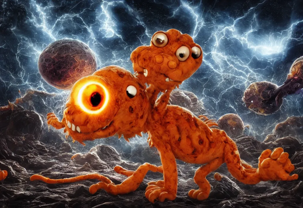 Image similar to eldritch horror bloody garfield in space, hd, 8 k, giant, epic, realistic photo, unreal engine, prophecy, powerful, cinematic lighting, destroyed planet, debris, violent, sinister, ray tracing, dynamic, epic composition, dark, horrific, teeth, grotesque, monochrome drawing, hellscape, corpses, foreboding, lightning, garfield cartoon eyes