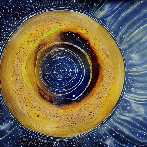 Image similar to olive oil and vinegar drizzled on a plate in the shape of the solar system, oil on canvas, intricate, 8k highly professionally detailed, HDR, CGsociety