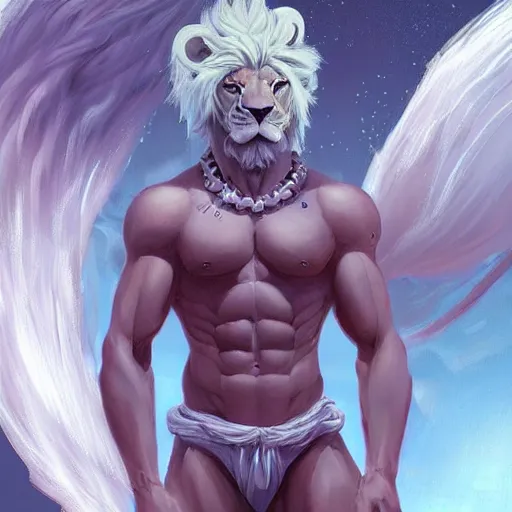 Prompt: aesthetic portrait commission of a albino muscular, gay and attractive anthro lion wearing an attractive pastel greek outfit floating inside a floating soap bubble, minimalistic art, hyperdetailed. Character design by charlie bowater, ross tran, artgerm, and makoto shinkai, detailed, inked, western comic book art, 2021 award winning painting