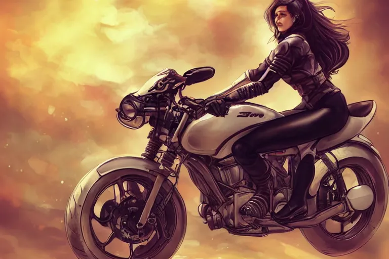 Image similar to a girl is riding a motorbike, the space background, digital painting by artgerm hyperdetailed trending on artstation trending on deviantart