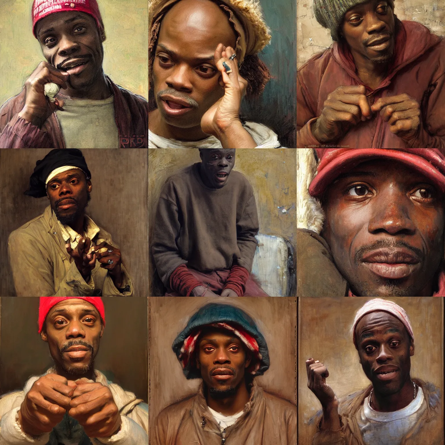 Prompt: Tyrone Biggums crackhead rubbing hands portrait by john william waterhouse and Edwin Longsden Long and Theodore Ralli and Nasreddine Dinet, oil on canvas. Cinematic, hyper realism, dramatic lighting, high detail 8k