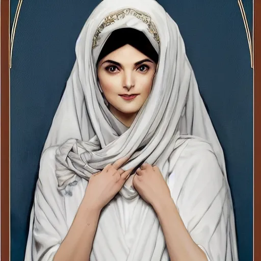 Image similar to modern Ameera al-Taweel, bright blue eyes, wavy black hair, white veil, highly detailed, digital painting, artstation, concept art, smooth, sharp focus, illustration, ArtStation, art by artgerm and greg rutkowski and alphonse mucha and J. C. Leyendecker and Edmund Blair Leighton and Katsuhiro Otomo and Geof Darrow and Phil hale and Ashley wood and Ilya repin and Charlie Bowater