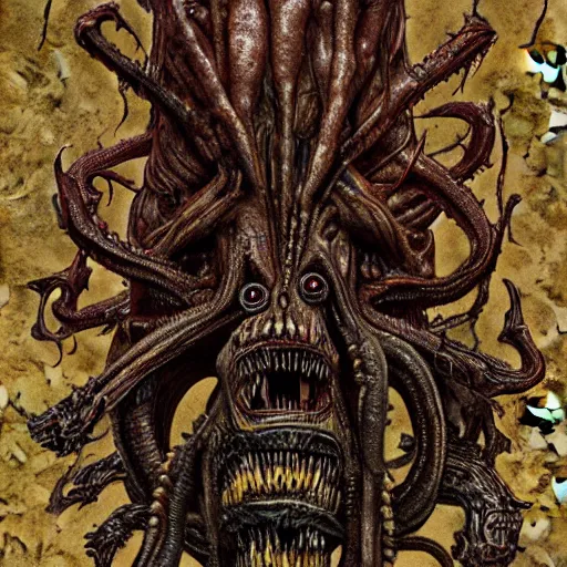 Image similar to eldritch horror, creature made from bloody flesh and rotting tumors, in the style of h. r. giger, best of artstation, intricate, detailed