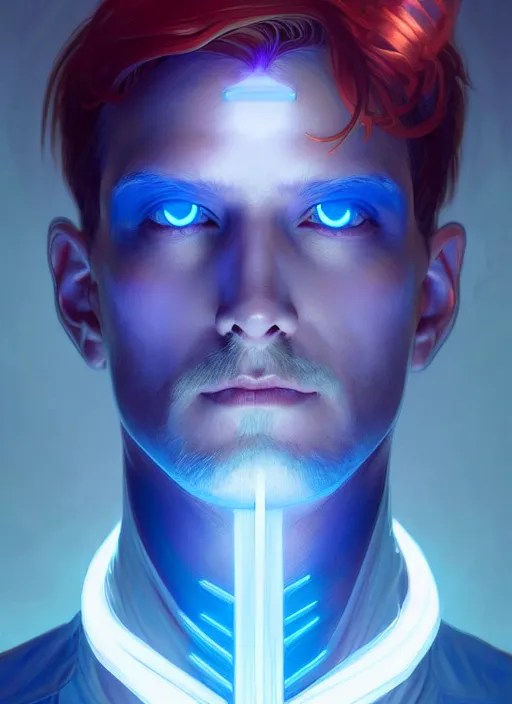 Image similar to symmetry!! portrait of man with blue flaming hair, sci - fi, glowing lights!! intricate, elegant, highly detailed, digital painting, artstation, concept art, smooth, sharp focus, illustration, art by artgerm and greg rutkowski and alphonse mucha,