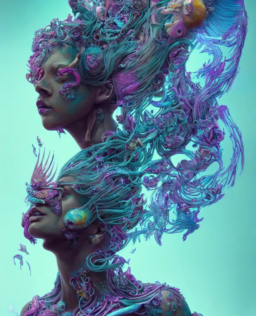 Prompt: goddess full color painted acryllic sculpture close-up portrait. orchid bird phoenix head, nautilus, skull, betta fish, bioluminiscent creatures, intricate artwork by Tooth Wu and wlop and beeple. octane render, trending on artstation, greg rutkowski very coherent symmetrical artwork. cinematic, hyper realism, high detail, octane render, 8k