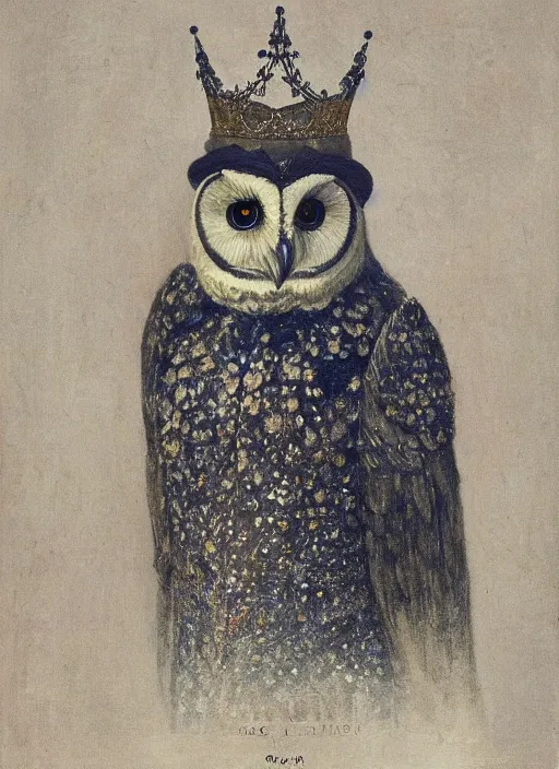 Image similar to close-up portrait of anthropomorphic owl Prince, man with a head of barn owl, glowing eyes, in a crown, wearing long royal robe, lilac, silver, black, bokeh, blurred space, stars, dreamy, romantic, painting in the museum, highly detailed, sharp focus, digital painting, artwork, by John James Audubon by Victor Adame Minguez by Yuumei by Tom Lovell by Sandro Botticelli