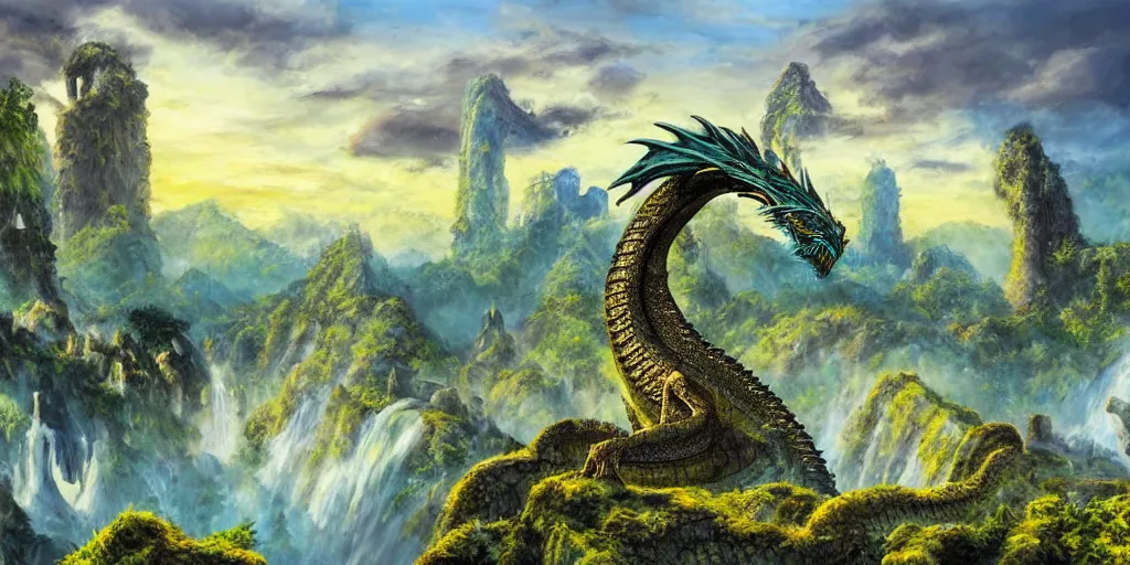 Prompt: Giant dragon rests on top of ancient ruins, realistic dragon scales, full length dragon, columns, distant waterfall, distant mountains, ancient ruin, overgrown, blue green yellow colors, detailed oil painting