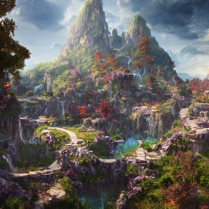 Image similar to beautiful realistic landscape photo of fantasy mmo world, intricate detailed, innovation, bright modern style, artstation, unreal render, depth of field, ambient lighting, award winning, stunning