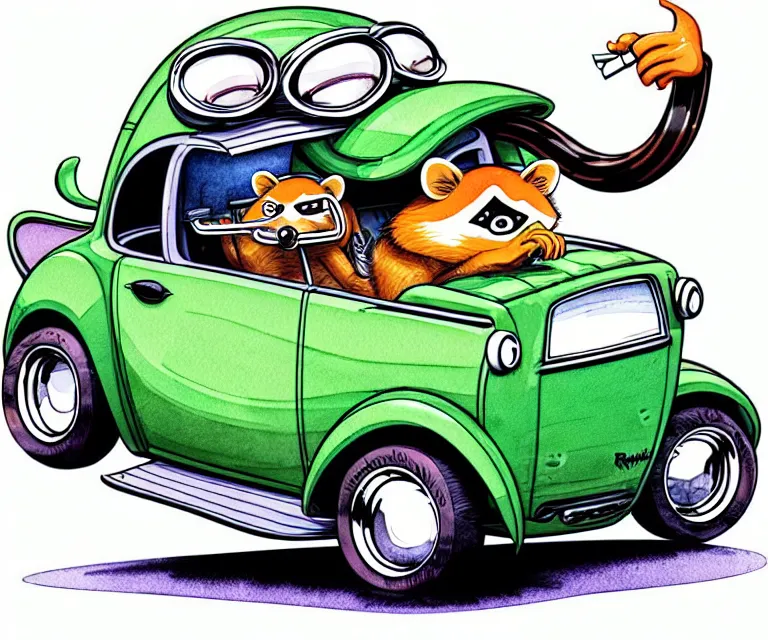 Image similar to cute and funny, racoon smoking wearing a helmet riding in a tiny hot rod coupe with oversized engine, ratfink style by ed roth, centered award winning watercolor pen illustration, isometric illustration by chihiro iwasaki, edited by range murata