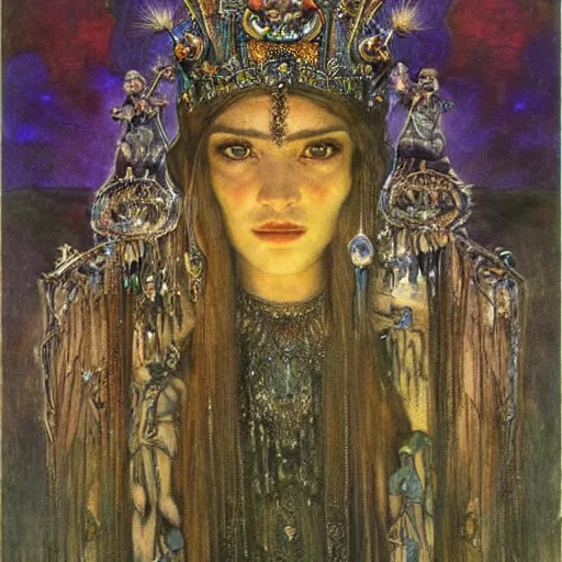 Image similar to the crystal crown, by Luis Royo Annie Swynnerton and Nicholas Roerich and Diego Rivera, tattooed bioluminescent skin, elaborate costume, geometric ornament, symbolist, rich color, dramatic cinematic lighting, smooth, sharp focus, extremely detailed