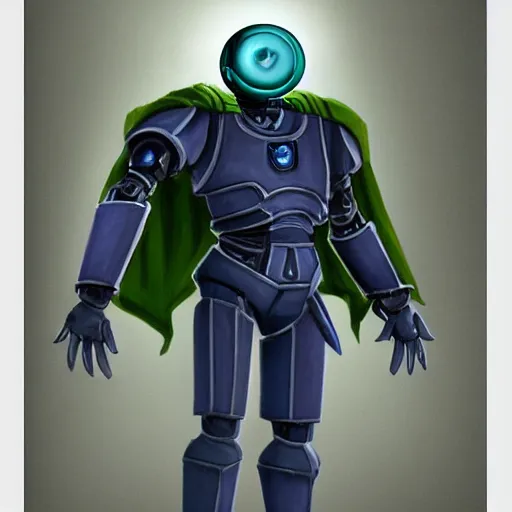 Image similar to A D&D warforged with a single cherenkov blue sphere for an eye wearing green robes. Hyper realistic. 8k.