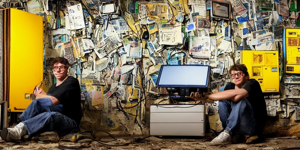 Prompt: typical cryptocurrency nerd, sitting in front of old 9 0's computer, yellow bitcoin posters on walls, shilling, crt tubes, cables everywhere, damp basement decay fat and dirty, scruffy looking, claustrophobia, humidity mold, award - winning photomanipulation