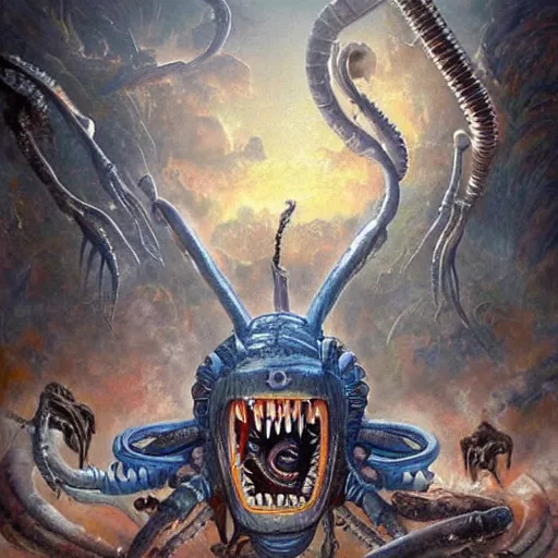 Prompt: realistic portrait beautiful painting of Doraemon mutate into a Xenomorph. Horror, created by Thomas Kinkade.