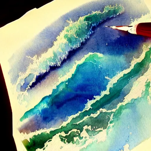 Prompt: cinematic shot watercolor painting of the ocean, hyper realistic, mood lighting, fantasy, detailed face, highly detailed, super realistic, perfect lighting