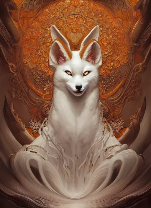 Image similar to white kitsune in autumn color kimono, wooden art nouveau swirls, subsurface scattering, by jesper ejsing, justin gerard, tomasz alen kopera, cgsociety and fenghua zhong, highly detailed, rim light, cinematic lighting, illustration, art, octane render, very coherent, cinematic, hyper realism, high detail, octane render, 8 k