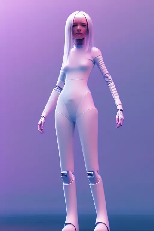 Image similar to upright and straight android women, scifi, futuristic design, full body model, long white hair, character design, cinematic lighting, highly detailed, by beeple, goro fujita, smooth gradient.