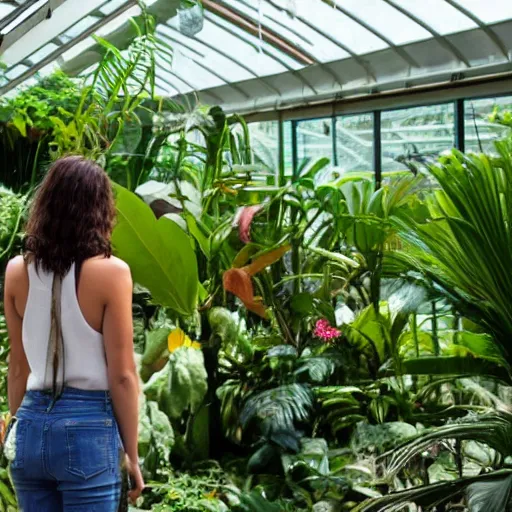 Prompt: a young woman in a tropical greenhouse