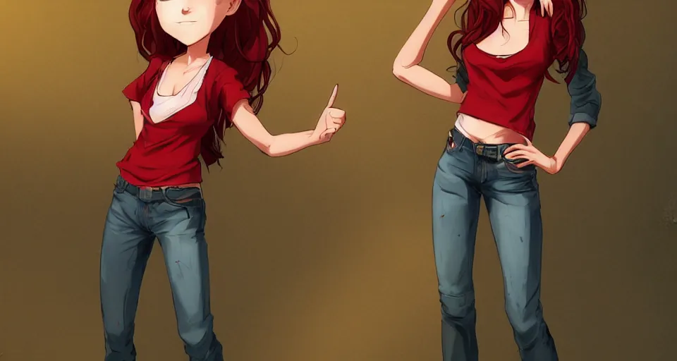 Prompt: full-body shot of a beautiful tomboy girl with long, crimson red hair and red eyes, wearing a dark red shirt and green jeans with a stern look, concept art, character design, character turnaround, by WLOP, by Tomine, by Kon, Satoshi, by Hildebrandt