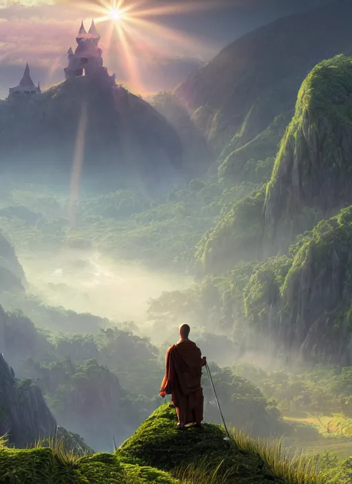 Image similar to a monk in lord of the rings scenery landscape, looking out at a vast lush valley at sunrise with a temple on a mountain in the distance, god's rays, highly detailed, vivid color, cinematic lighting, perfect composition, 8 k, gustave dore, derek zabrocki, greg rutkowski, belsinski, octane render