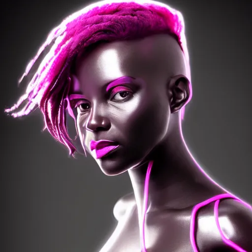 Prompt: portrait of a beautiful dark skinned woman with pink hair as a cyberpunk cyborg half robot, revealing wires and electronics, hooked - up, sci - fi, missing panels, intricate abstract upper body intricate artwork, concept art, octane render, deviantart, cinematic, key art, hyperrealism, iridescent accents, portrait photograph, nikon 3 5 mm, photograph by greg rutkowski