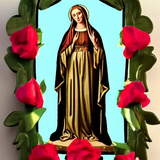 Image similar to virgin mary on a candle except its a woman dressed in day if the dead dress and makeup