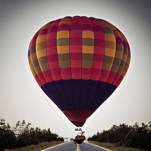 Image similar to a hot air balloon flying in the middle of the road, liminal space, uncanny, saturated, eerie, morbid