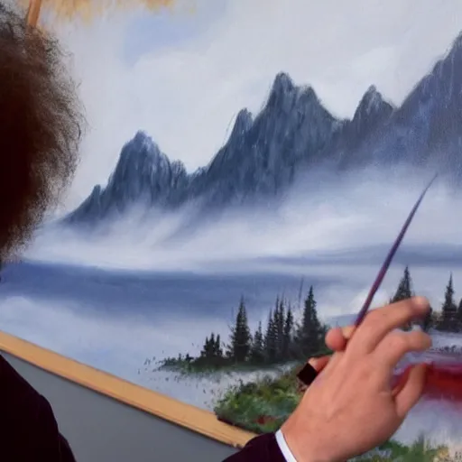 Image similar to a closeup photorealistic photograph of bob ross working on a canvas painting of spiderman. film still. brightly lit scene. mountains and trees. this 4 k hd image is trending on artstation, featured on behance, well - rendered, extra crisp, features intricate detail, epic composition and the style of unreal engine.