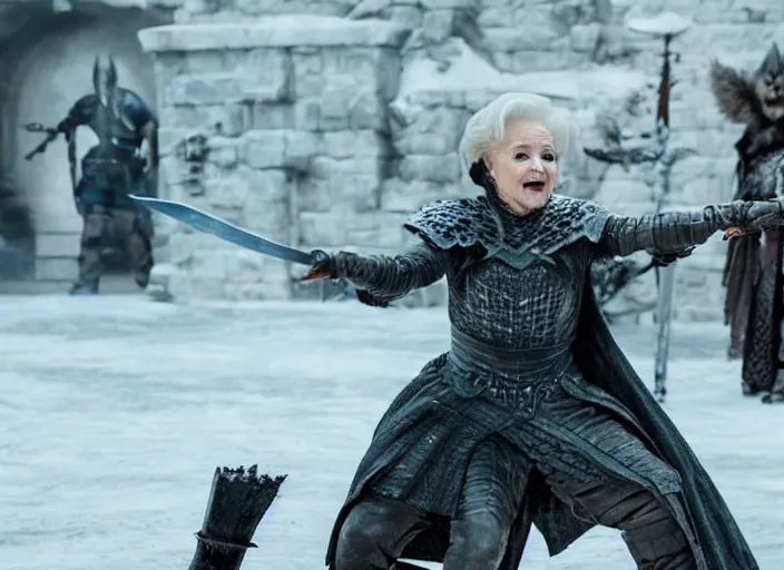 Image similar to a screenshot of betty white fighting the night king with a sword in an episode of game of thrones