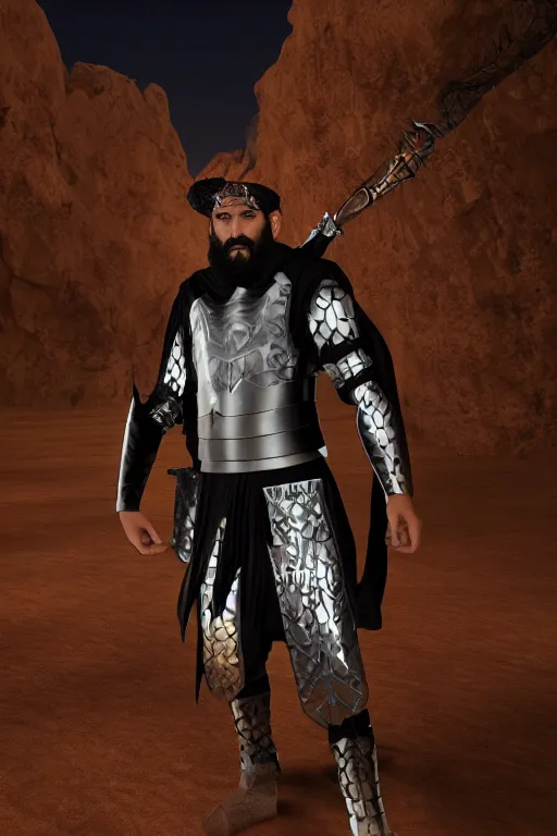 Prompt: Bedouin arab superhero, black vest, intimidating full body armor, Arabian sword, beard, nighttime, cinematic lighting first person view