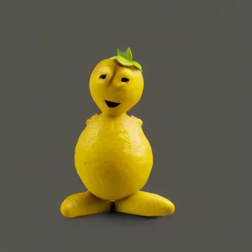 Image similar to a lemon character, made of clay, claymation