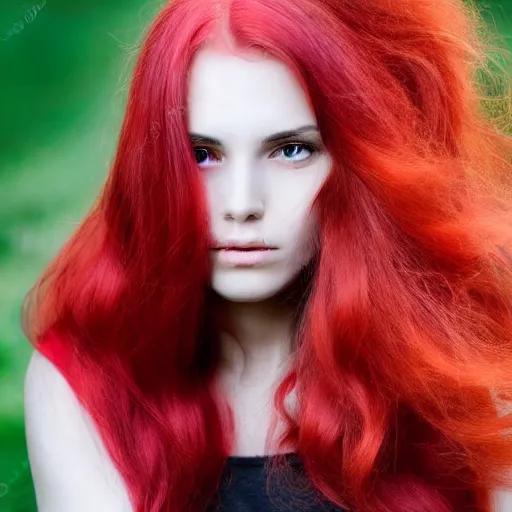 Prompt: Woman with hair dyed half red and half white