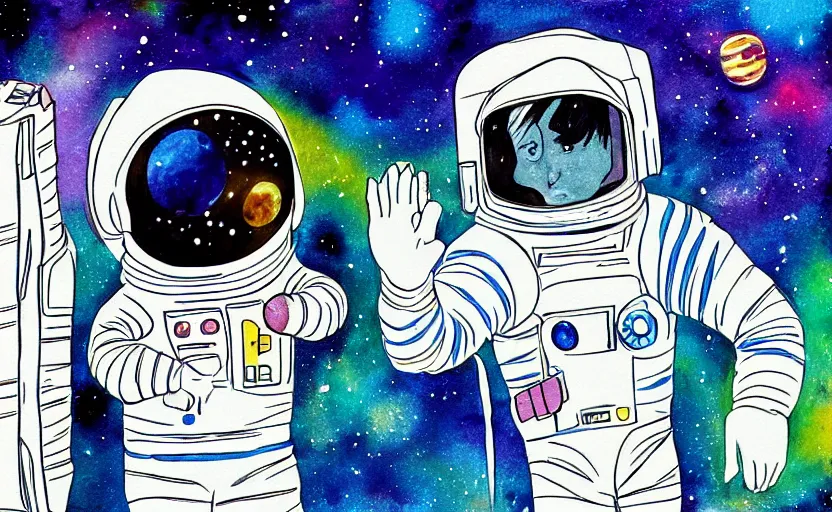 Prompt: an astronaut lost in space asking for directions from a alien tourists in their spaceship, vibrant, watercolor