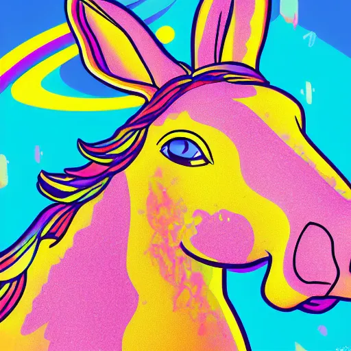 Prompt: a horse with the head of a rabbit and the body of a rabbit, illustration, whimsical, commercial art, pop art, Lisa Frank Style, 4k